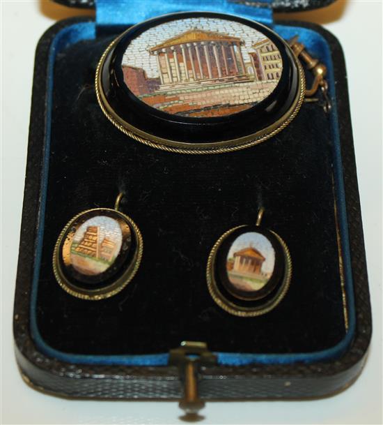 Micro mosaic oval brooch and a pair of earrings in a case